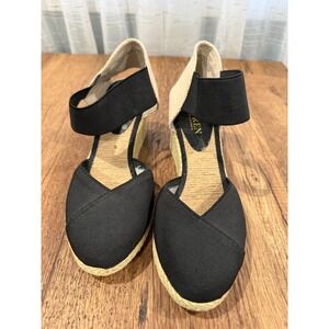 Lauren Ralph Lauren Black Canvas Espadrille Wedge Sandals Ankle Strap Women's 7B